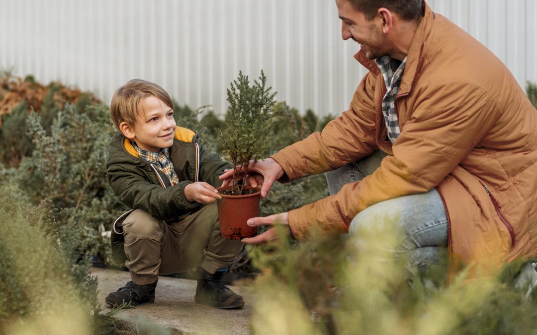 Father and son starting to plant seasonal veggies and plants